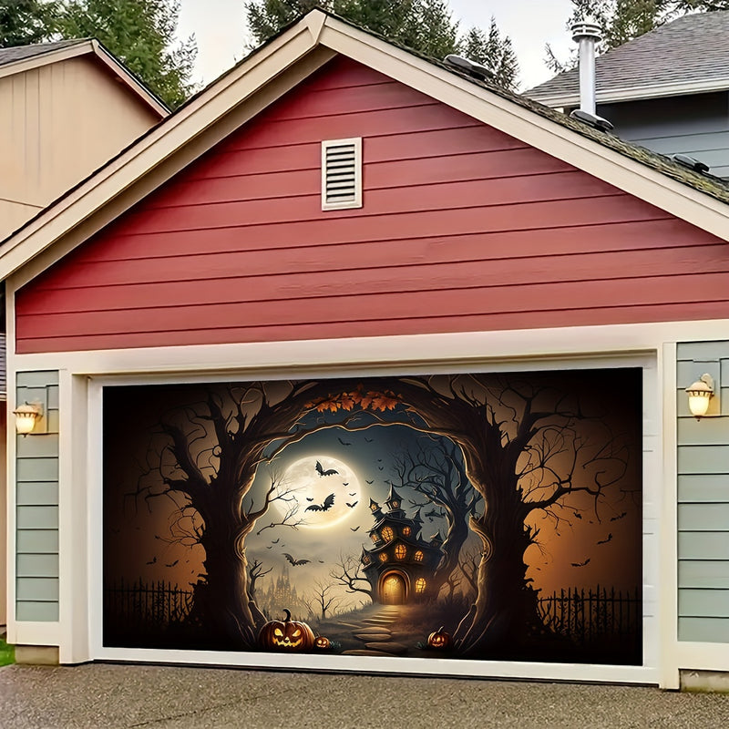 Decoración de Puerta de Garaje de Halloween con Calabaza y Castillo de Murciélagos - 1pc Tapiz Colgante de Poliéster, Banderín Festivo para Ambiente de Jardín