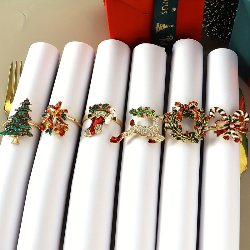 Servilletas de Navidad de 6 piezas - Decoración festiva de mesa de hierro fundido con diseños de árbol, campana, ciervo, corona, bastón de caramelo y bota para cenas navideñas