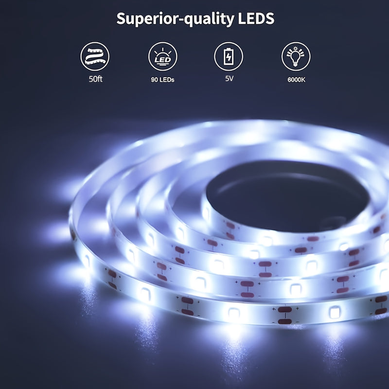 Tira de luces LED regulable de 4.88 a 15.24 metros, alimentación por USB con control de botón, blanco cálido/frío, fácil instalación para decoración de dormitorio, armario o cocina, luces LED para habitación