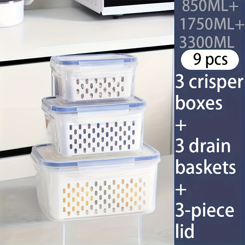 Juego de 9 contenedores de almacenamiento de alimentos de plástico sin BPA con cestas de drenaje y tapas - A prueba de fugas, aptos para congelador, organizadores de cocina multiusos reutilizables para frutas, verduras y alimentos.