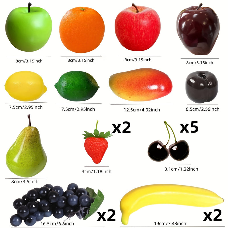 Conjunto de 20 Piezas de Frutas Realistas - Fresas, Manzanas, Peras, Limones, Naranjas, Uvas, Cerezas, Mangos y Plátanos Artificiales para Decoración del Hogar, Fiestas y Exhibición Navideña, Accesorios de Fotografía, Decoración de Frutas para Fiestas