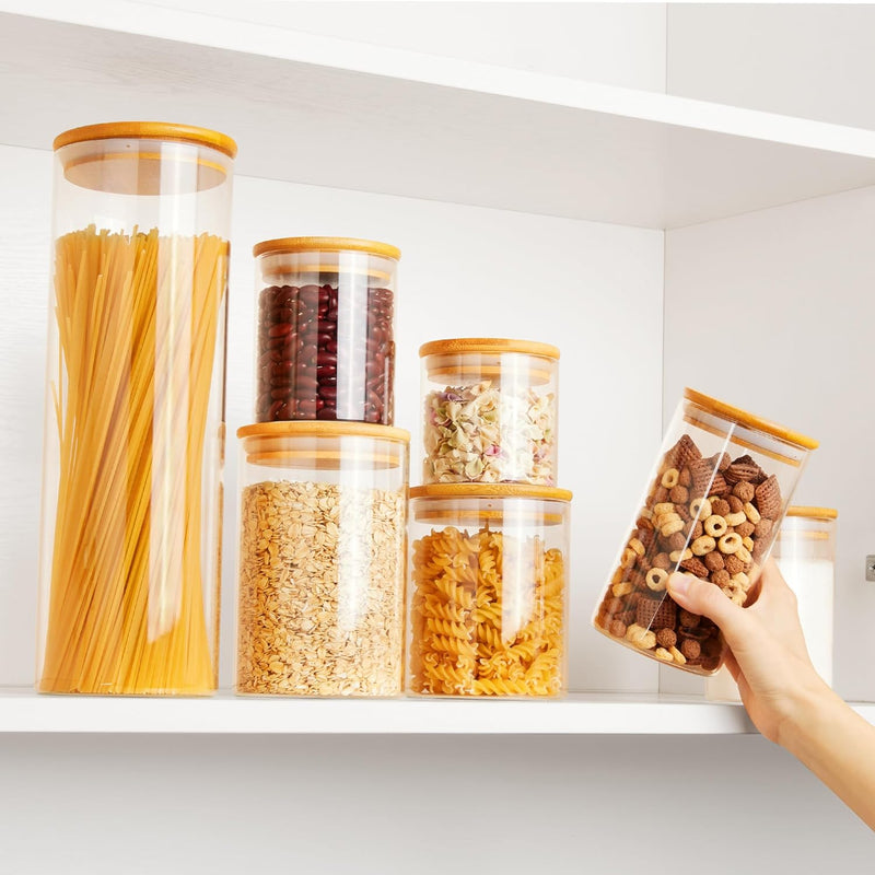 Tarros de Vidrio para Almacenamiento de Comida, Set de 7 Contenedores con Tapas Herméticas de Madera y Bambú para Pasta, Galletas, Frutos Secos, Granos de Café, Cereales, Tarros de Vidrio para Cocina, Organización del Despensa, Libre de BPA