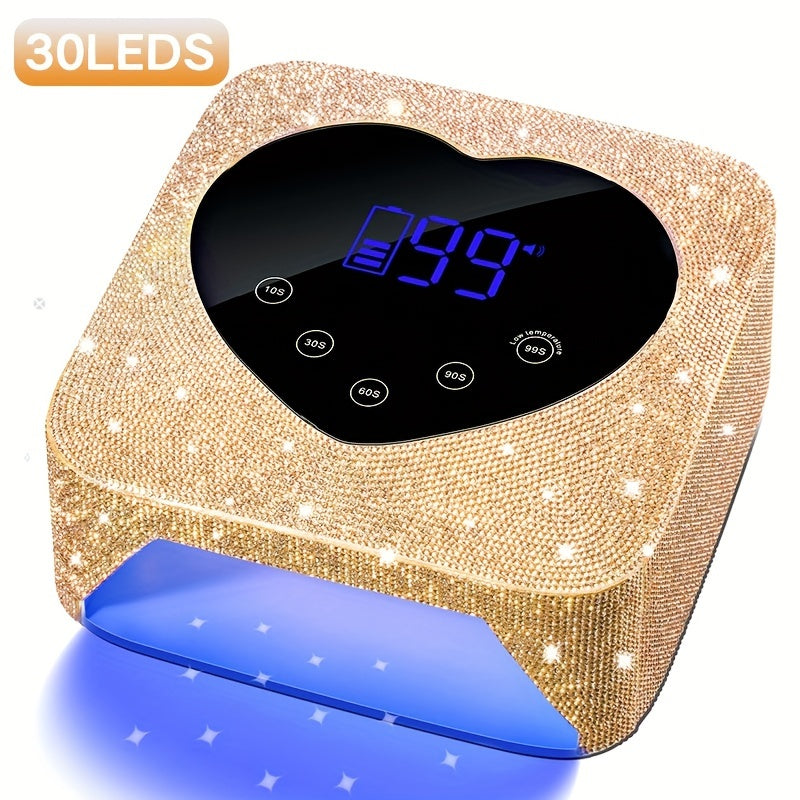 Secador de Uñas Portátil sin varillas con 30 Luces LED, Lámpara de Manicura Recargable con Piedras Brillantes Doradas, Batería Integrada de 2500mAh, Sensor Infrarrojo Inteligente, 5 Modos Temporizadores, Herramienta Profesional de Salón