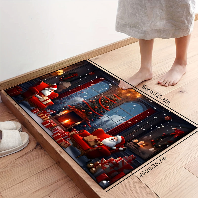 Tapete de puerta navideño de Papá Noel festivo - Tapete de poliéster lavable en máquina antideslizante con escena de chimenea acogedora para decoración navideña, perfecto para la entrada, tapete de decoración navideña | Diseño de chimenea acogedora | Tap