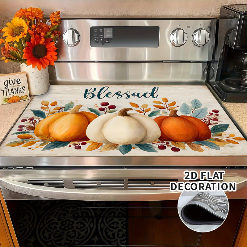 1pc Cubierta para Estufa de Acción de Gracias - con Letras Bendecidas, Revestimiento Antideslizante de Goma, Decoración de Cocina Otoñal para Estufas de Gas/Eléctricas, Diseño Floral de Calabaza en Naranja/Beige, Compatible con la Mayoría de Estufas - Fá