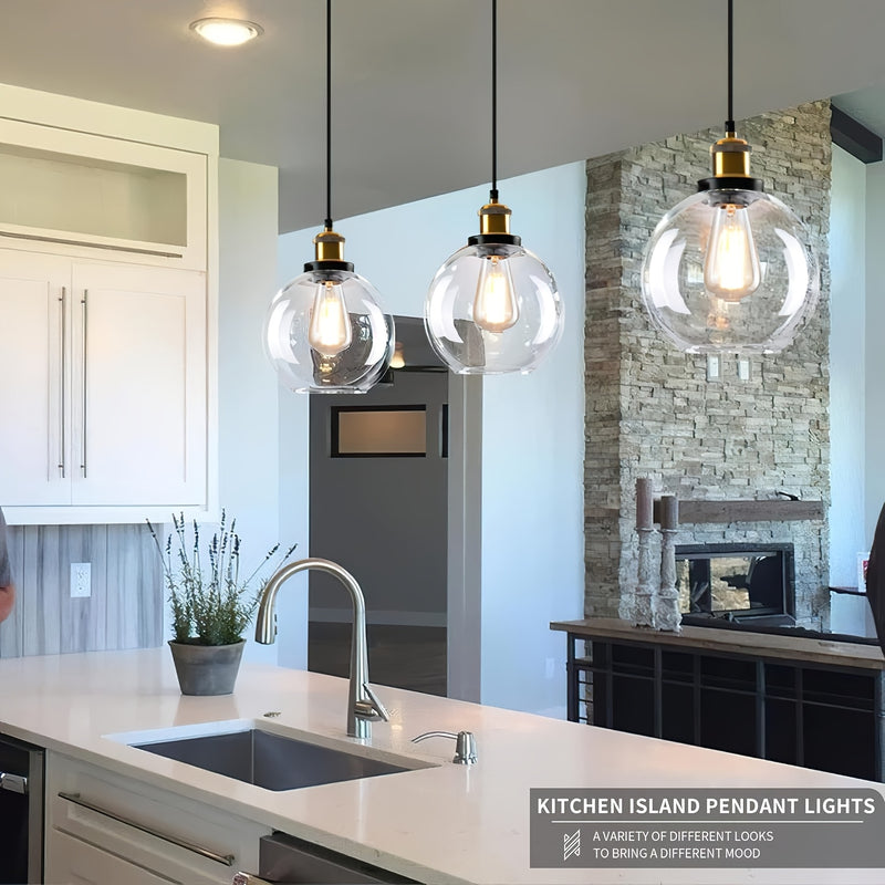 Linterna Colgante de Vidrio para Isla de Cocina, Lámparas Colgantes Doradas y Negras de Vidrio Transparente, Lámpara Colgante Globo para Isla de Cocina, Luz de Techo Moderna Estilo Granja con Pantalla de Vidrio Claro