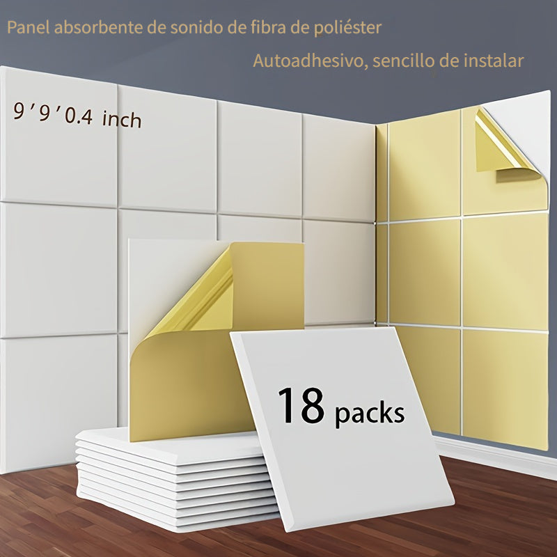 18-Unidades de Paneles Acústicos de Espuma Blanca, 22.86x22.86x1.02 cm, Tablero Autoadhesivo de Absorción de Sonido para Reducción de Ruido en Habitaciones, Fácil de Instalar