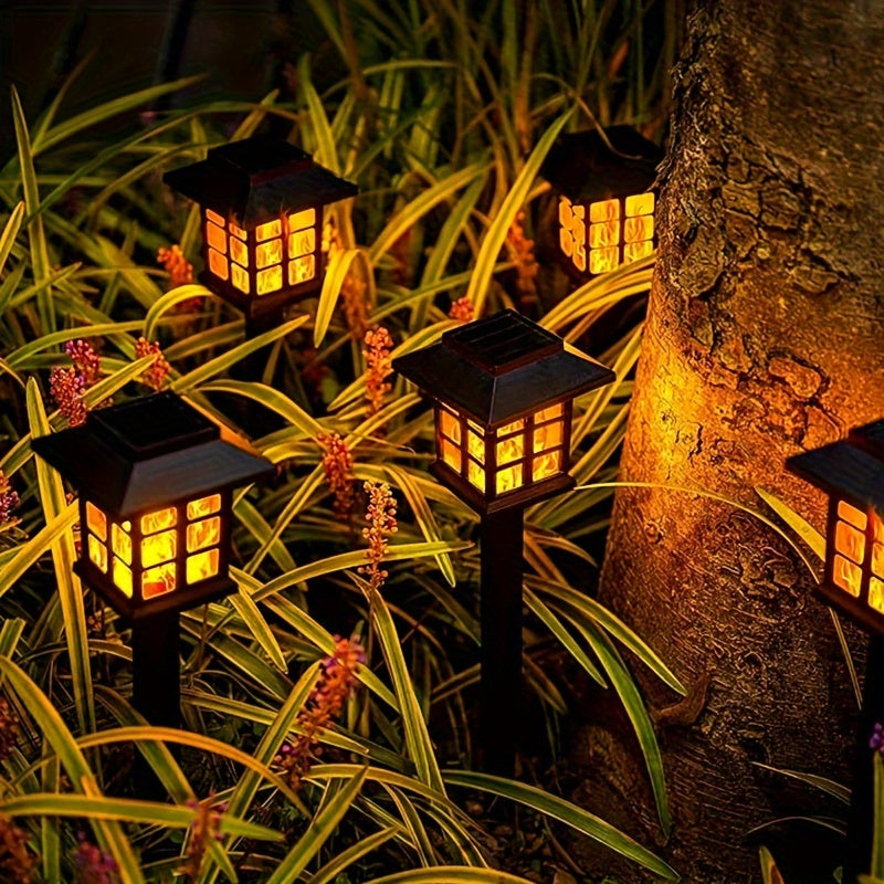 Conjunto de 6 Luces Solares con Efecto Llama LED para Caminos - Iluminación Decorativa para Jardín y Césped Exterior, Efecto de Llama Amarilla Cálida, Soportes Metálicos Negros con Acentos de Cristal, Perfectas para Navidad, Patios y Paisajismo, Luz Ambi