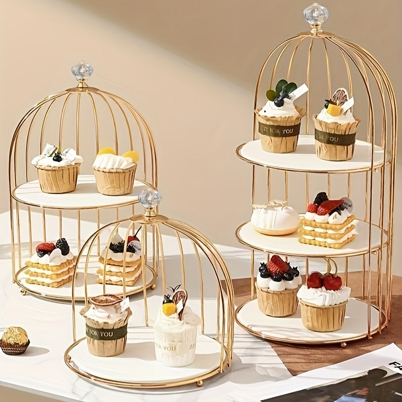 Elegante Soporte para Pastel de Doble Capa con Forma de Jaula de Pájaros - Exhibidor de Postres de Hierro Fundido Dorado para Sala de Estar, Perfecto para Aperitivos, Frutas y Dulces