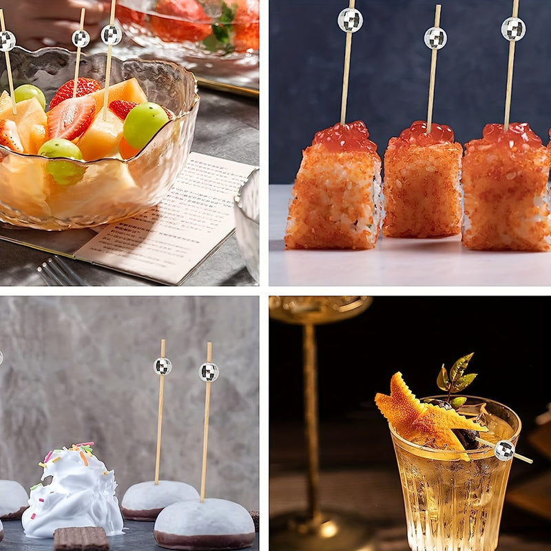 100 piezas de palillos de cóctel con cuentas plateadas espejadas y bolas espaciales, elegantes brochetas de bambú para fiestas, decoración de bares, frutas, pasteles y bocadillos