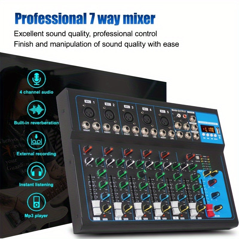 Mezclador DJ Portátil USB GH7 - Consola de Sonido de 7 Canales con Entrada MP3, Fuente de Alimentación de 48V para Grabación en Computadora, Negro