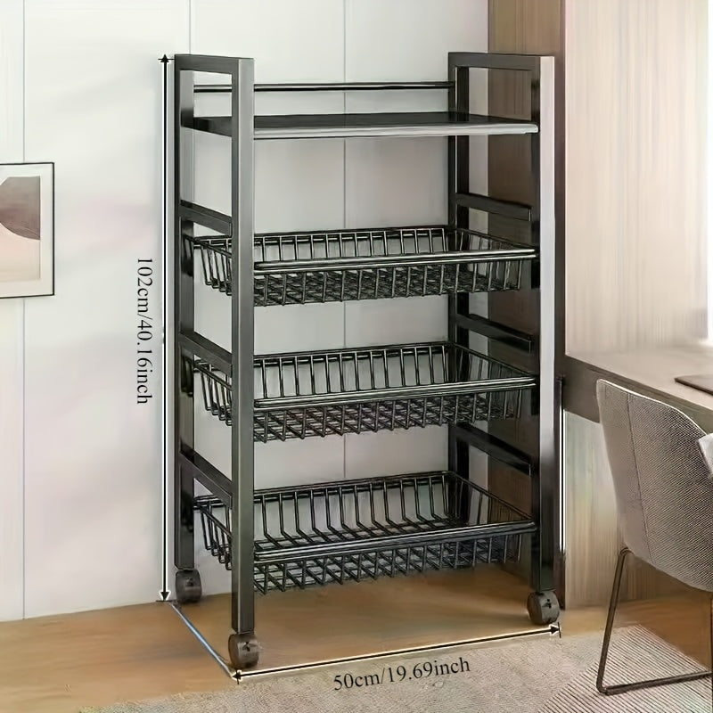 Carrito de Almacenamiento Metálico de 4 Niveles con Ruedas | Organizador de Cocina Multiusos para Frutas, Verduras y Utensilios | Acabado en Pintura Horneada Negra | Diseño Desmontable para Montaje Fácil | Construcción Metálica Resistente | Perfecto para