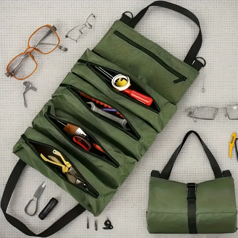 Bolsa de herramientas multiusos resistente - Caja de herramientas con cremallera amplia y múltiples compartimentos para camping, jardinería y entusiastas de bricolaje - Tela negra, lavable en máquina, equipo de camping y accesorios, almacenamiento organi
