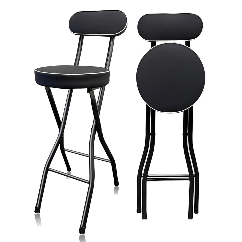 1pc Silla de bar plegable contemporánea, tapizada en cuero con relleno, estructura metálica, respaldo sólido, relleno de esponja, fácil de limpiar, diseño plegable para pisos duros, no requiere electricidad ni batería