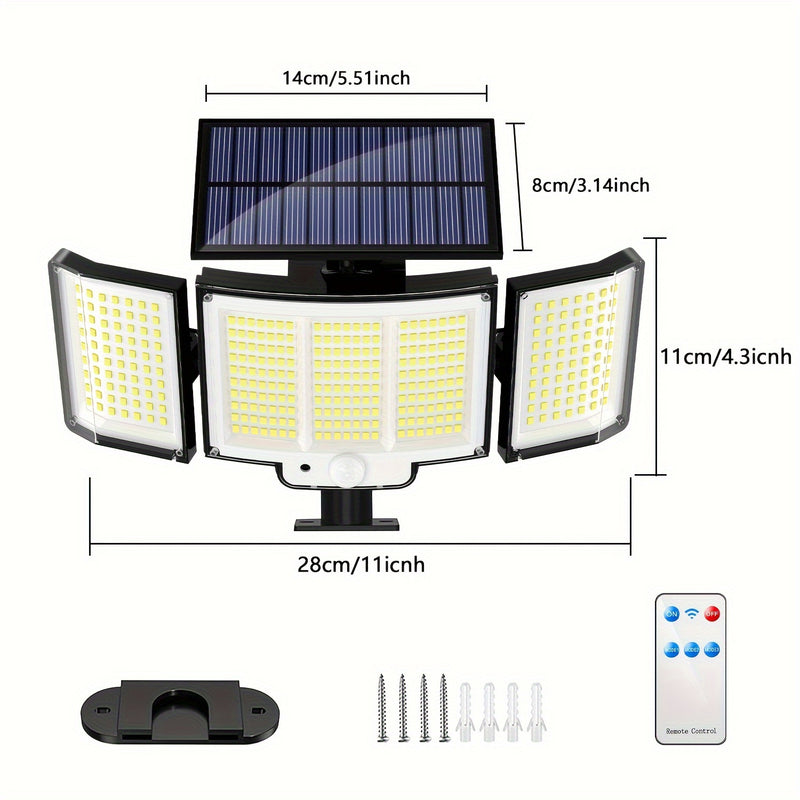 1 unidad/2 unidades de luz solar exterior, luz de seguridad con 348 LEDs y control remoto, foco de pared con sensor de movimiento de 3 cabezales, 270° de ángulo amplio, 3 modos de iluminación, lámpara para jardín, patio, garaje, puerta principal, piscina