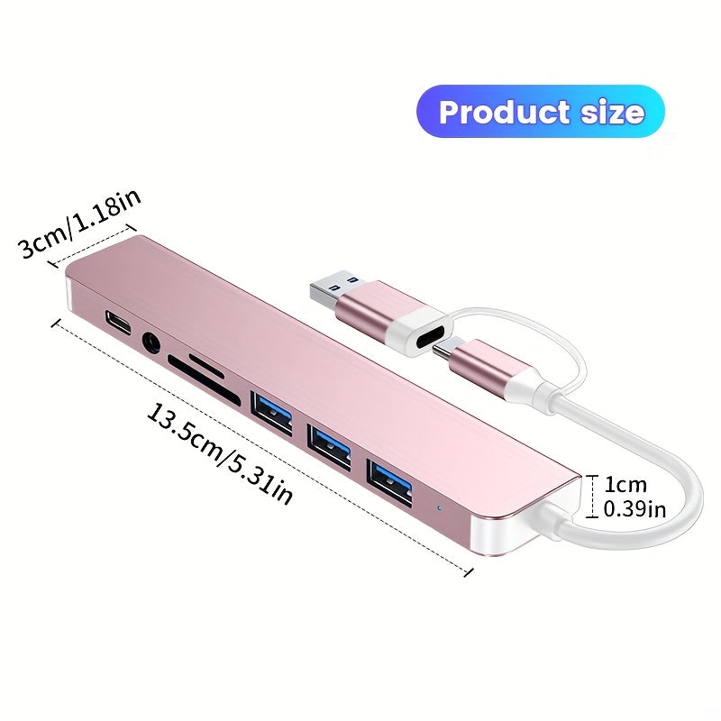Puente USB multifuncional 8 en 1, puente USB para computadora, puente USB C, lector de tarjetas TF/SD, salida de audio de 3,5 mm, compatible con MacBook Pro/para for ipad Pro/HP Aluminio 4 puertos USB Transferencia de datos