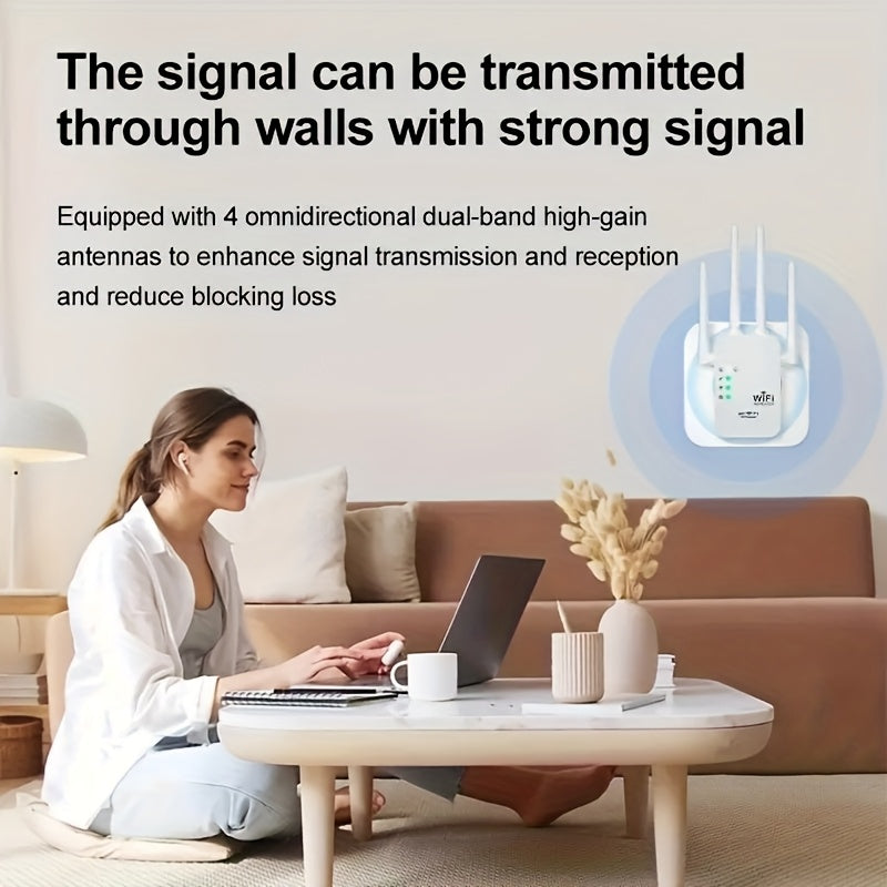 Momotor Extensor WiFi, Amplificador de Señal WiFi 2.4GHz (8500 pies cuadrados), Cobertura Fuerte y Penetración Profunda, Compatible con 35 Dispositivos, 4 Modos, Configuración Rápida, 4 Antenas 360°, Puerto Ethernet Incluido, Ideal para Hogar, Oficina, C