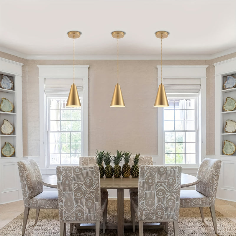 1 pieza de luces colgantes doradas para isla de cocina, fijaciones de luces de comedor encima de la mesa con sombra de metal de cono de latón cepillado, mini candelabros de granja moderna, iluminación colgante ajustable con cable para bar, fregadero