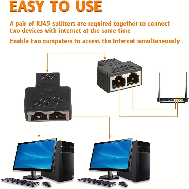 Divisor de Ethernet RJ45 2/4, adaptador de puerto masculino 1 a 2, compatible con cable Cat5/Cat6, permite que dos computadoras se conecten simultáneamente, adaptador de expansión de red