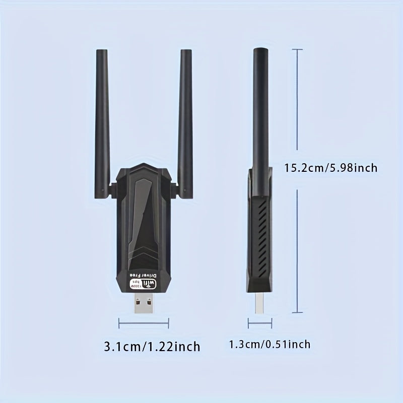 Adaptador WiFi USB inalámbrico de 1300Mbps con antena de doble banda de alta ganancia integrada de 5dBi, adaptador de red inalámbrica de 5,8G/2,4G para Windows 7/8.1/10/11, Plug and Play, funcionalidad de WiFi instantáneo y punto de acceso móvil.