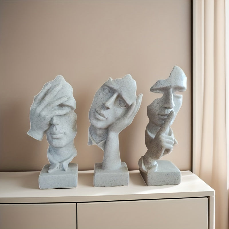Conjunto de 3 estatuas de Pensador, Tamaño Grande El Silencio es Oro Arte Abstracto Estatua, Escucha No Diga No Moderna Decoración de Escultura de Resina para Hogar, Oficina Estudio Decoración Moderna (Negro)