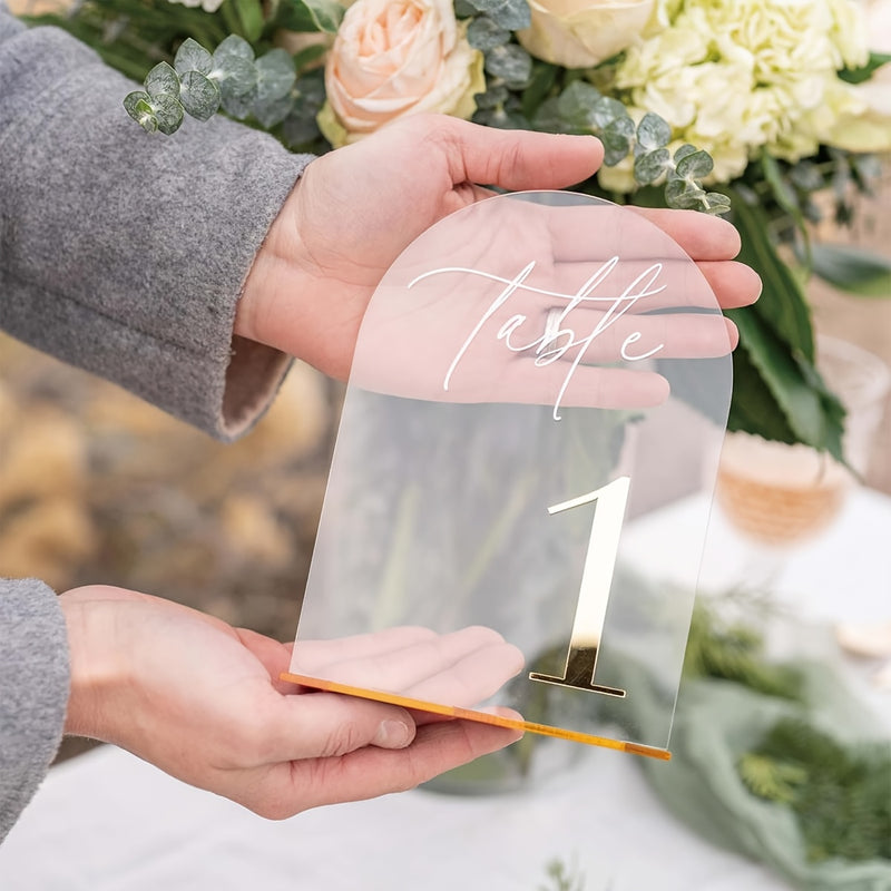 1 SET de números de mesa de boda de acrílico del 1 al 10 con soporte 10 x 15cm Números dorados elegantes Acrílico grueso y duradero Indicador de número de mesa adecuado para recepción, cumpleaños, aniversarios, decoración de centro de mesa de bodas, etc.