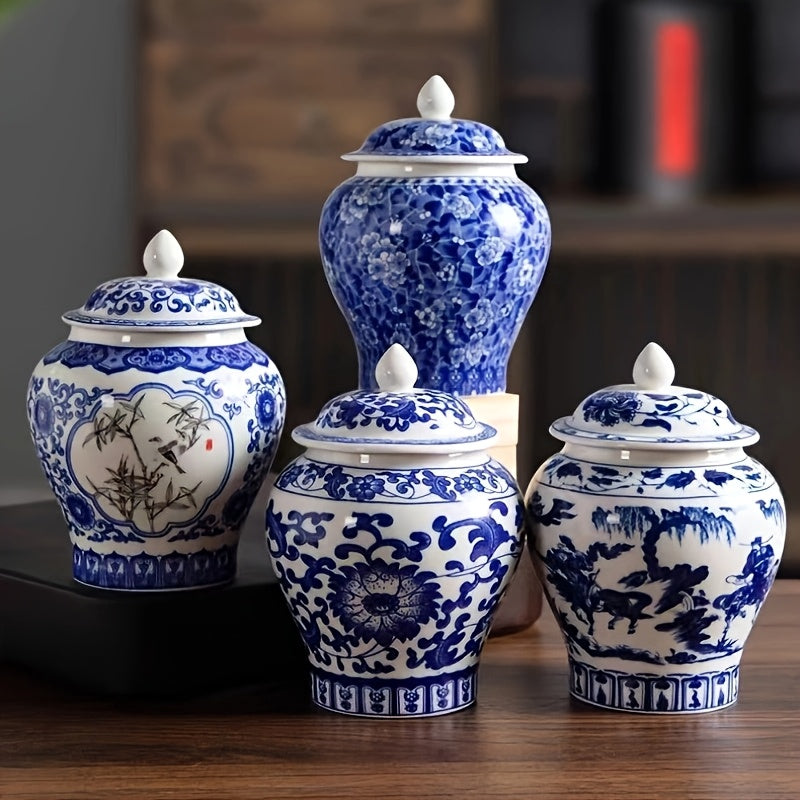 Tarro de porcelana sellado vintage azul y blanco, adorno decorativo, accesorios para juego de té, contenedor de hojas de té, tarro de cerámica resistente a la humedad