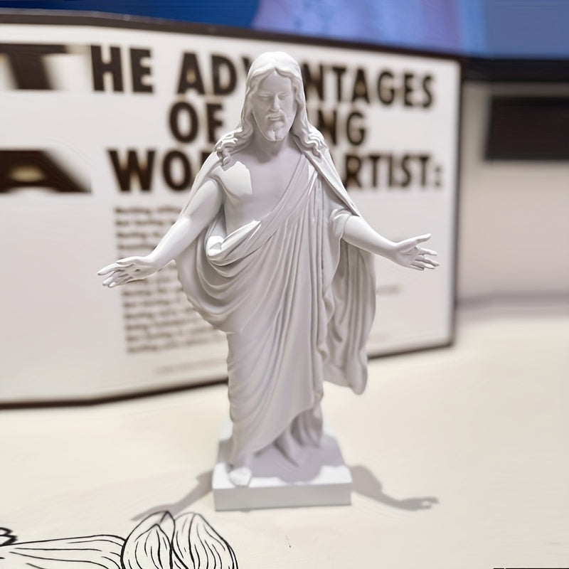 Estatua de Jesús de resina artesanal - Elegantes ropas blancas con halo dorado, decoración serena para interiores, perfecta para sala de estar, regalo ideal para Navidad, Acción de Gracias y devoción cristiana.