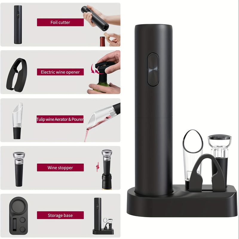 Juego de Abrebotellas Eléctrico Black Swan 5 en 1, Caja de Regalo para Accesorios de Vino, Juego Automático de Abrebotellas para el Hogar con Espiral y Vertedor al Vacío para Frescura