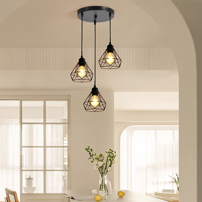 1pc Lámpara Colgante de 3 Luces de Inspiración Industrial, Base E27, Metal Negro con Diseño de Jaula Geométrica - Ideal para Cocina, Comedor, Bar, Iluminación de Dormitorio (Bombillas No Incluidas), Decoración de Cocina