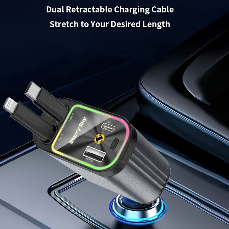 Cargador de auto retráctil SAN.COMO, cargador de auto 4 en 1 con diseño estelar, carga rápida dual USB-C, cable retráctil extensible de 80 cm (doble puerto y doble cable) y 2 puertos USB, adaptador de cargador de auto de 66W, ajuste libre de 180°, diseño
