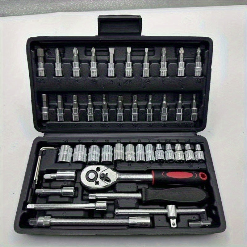 Juego de herramientas de reparación automotriz profesional, con llave de ratchet, cabeza de enchufe y destornillador, adecuado para reparación de automóviles, bicicletas y motocicletas, y juego de herramientas de jardinería negra para el hogar con caja d