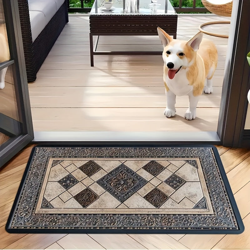 Tapete de bienvenida con diseño geométrico de lujo, grueso y duradero, de poliéster para interior/exterior, antideslizante y fácil de limpiar, decoración para el hogar