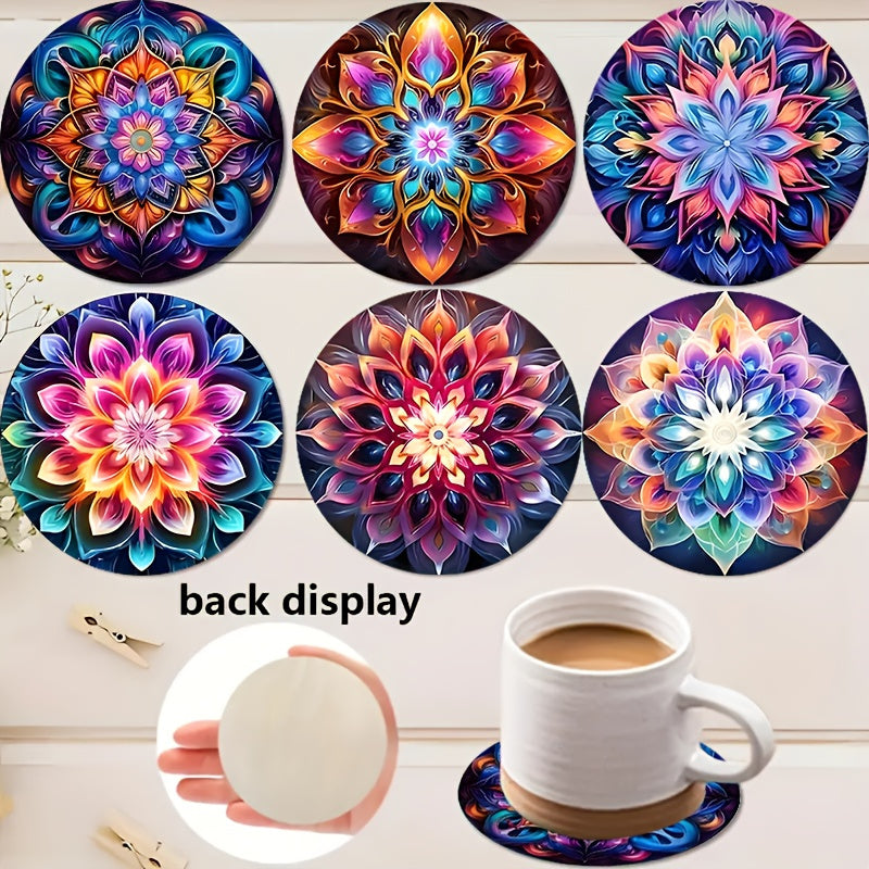 Juego de 6 Posavasos de Madera Mandala Coloridos - Perfecto para Café, Té y Bebidas - Protección Ideal para Mesas en Navidad, Halloween y San Valentín