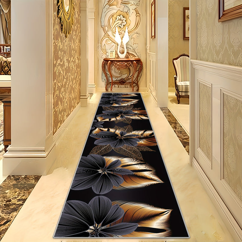 1 pieza de Terciopelo Cristal de 800g con Grosor de 0.8cm, Fondo y Blanco con Patrón Dorado Largo, Alfombra de Poliéster de Lujo, Antideslizante para Puerta, Ligera, Adecuada para Dormitorio, Porche y Espacio Interior, Lavable a Máquina, Estera Larga