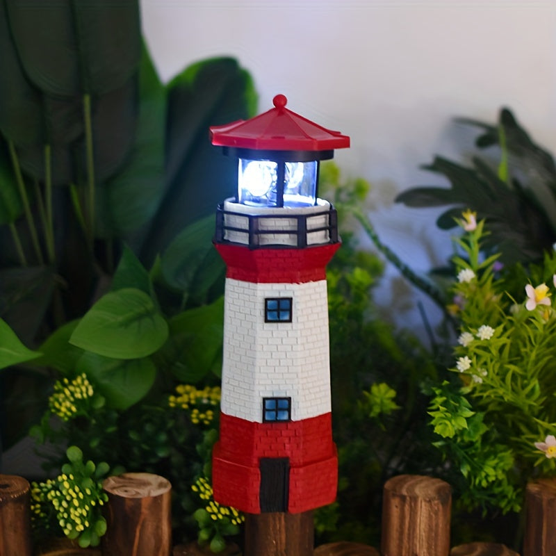 Estatua de faro LED con luz rotativa alimentada por energía solar - Diseño de rayas rojas y blancas resistente al tiempo para jardín, patio, patio y decoración de césped, adorno de césped | Característica de luz rotativa | Construcción duradera de resina