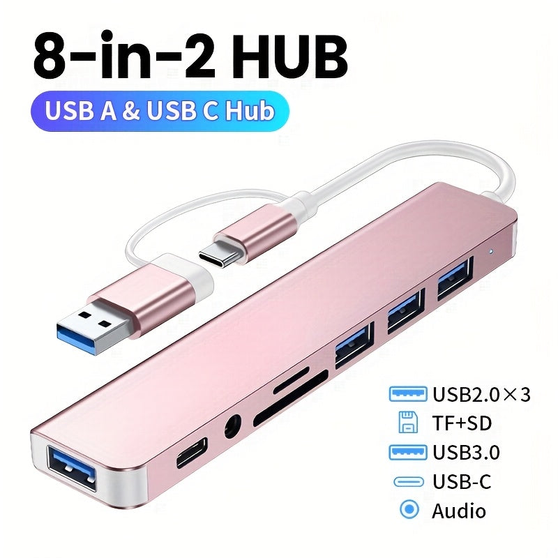 Puente USB multifuncional 8 en 1, puente USB para computadora, puente USB C, lector de tarjetas TF/SD, salida de audio de 3,5 mm, compatible con MacBook Pro/para for ipad Pro/HP Aluminio 4 puertos USB Transferencia de datos