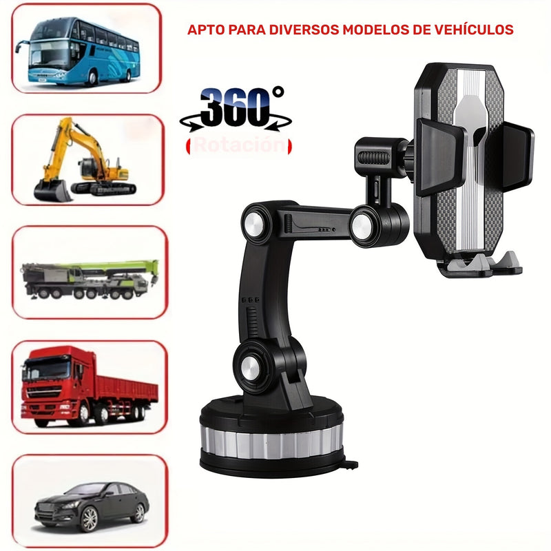 Soporte para Teléfono Móvil Giratorio 360° - ABS Duradero, Montaje en Tablero, Brazo Ajustable y Abrazadera para Coches, Camiones, Vehículos de Ingeniería