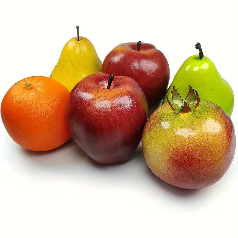 6 piezas de frutas artificiales sólidas - Falsa pera amarilla, naranja, granada, manzana roja Fuji - Decoración del hogar para fiestas de Navidad, adornos navideños, todas las estaciones adecuadas