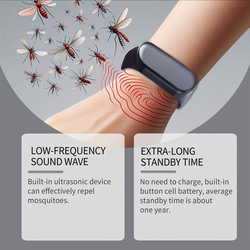 Pulsera electrónica repelente de mosquitos negra – Ajuste cómodo, repelente físico de insectos, no tóxico, diseño unisex para pesca y actividades al aire libre, incluye 2 pilas de botón, pulsera unisex | Brazalete elegante | Accesorio moderno | Repelente