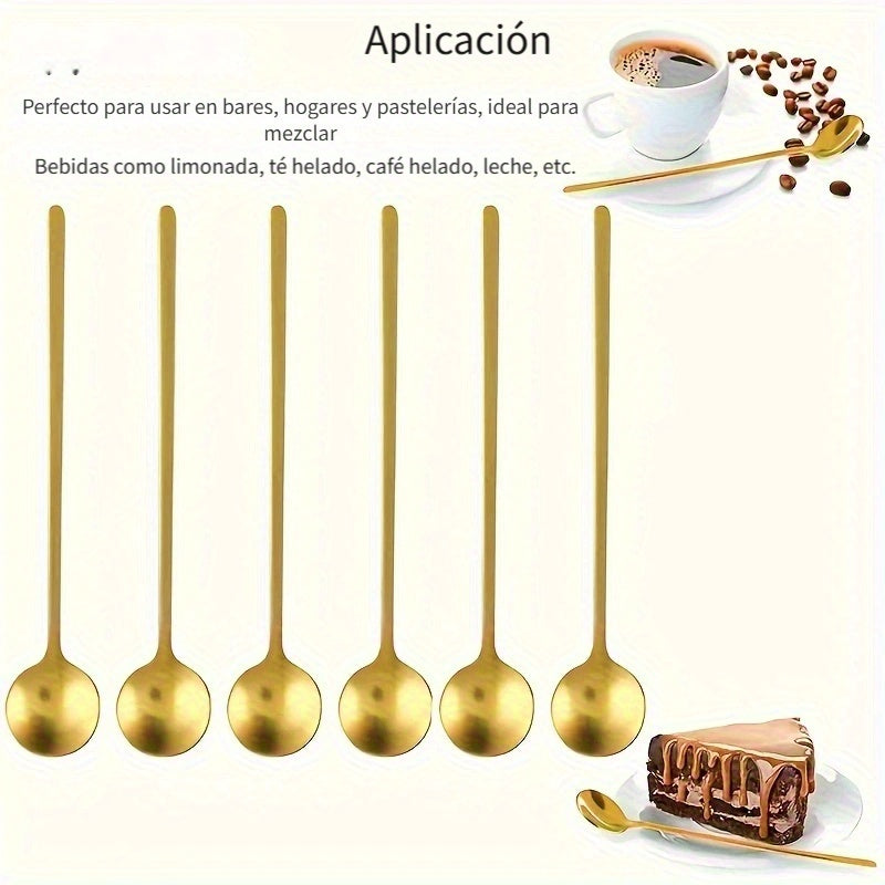 12 cucharitas de acero inoxidable dorado con mango largo, para espresso, té, postres, chocolate caliente, té helado y latte, ideales para restaurantes, cafeterías y bares