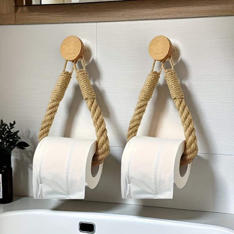 Soporte de Papel Higiénico Rústico de Cuerda de Cáñamo - Montaje en Pared Autoadhesivo con Perilla de Madera, Diseño Trenzado Natural para Decoración Elegante del Hogar, Organizadores y Almacenamiento de Baño