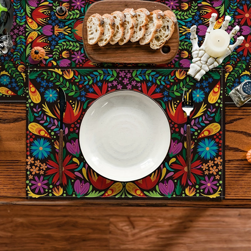 Conjunto de 4 manteles individuales de poliéster - 12x18 tapetes rectangulares tejidos para mesa de comedor, lavado a mano, decoración floral para fiestas mexicanas Cinco de Mayo y Día de Muertos