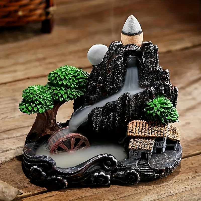 1pc Quemador de Incienso Cascada Serena - Resina y Cerámica Artesanal, Diseño de Arquitectura Tradicional China con Función de Emisión de Humo para Yoga y Relajación en Casa, Regalo Ideal, Soporte para Quemador de Incienso