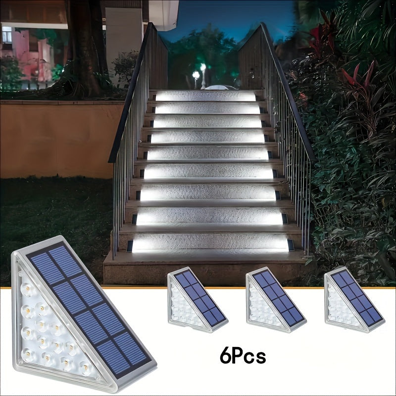 6/12 piezas de luces de escaleras solares LED triángulo, luces de escaleras de barbacoa al aire libre IP44, luces de pared de jardín blanco cálido, fácil instalación, control de interruptor, luces de escaleras de patio, garaje, acera, porche, puerta prin