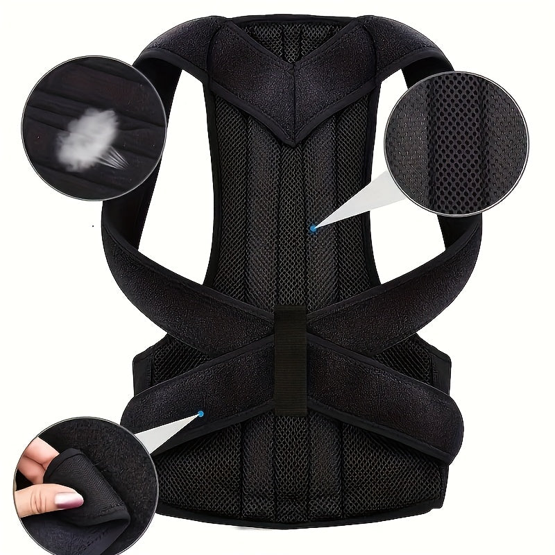 Correa de Estiramiento para Espalda Unisex, Cinturón Postural Ajustable, Soporte Invisíbel para la Espalda, Malla Transpirable y Material Elástico, Fibra de Poliéster Negra, Diseño Ergonómico, Expansión Torácica, Lavado a Mano