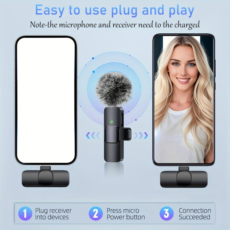 Sistema de micrófono lavalier inalámbrico con clip, omnidireccional, USB-C, grabación de un toque, carga USB, con batería de polímero de litio recargable, para streaming y videoconferencia