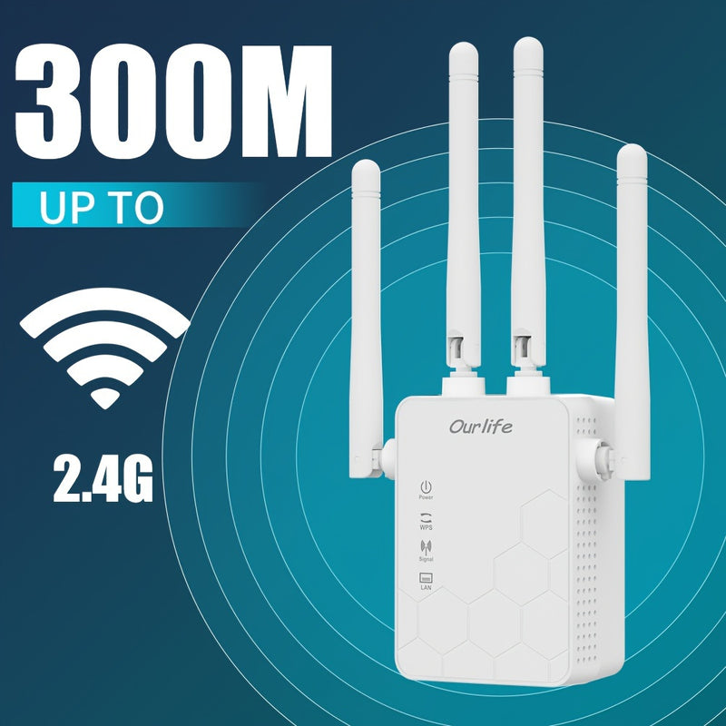 Nuestro Vida 300M Repetidor Wi-Fi, Amplificador de señal de 4 antenas, Amplificador de red doméstica, Amplificador de señal que penetra paredes, Amplificador de rango inalámbrico de 2,4G, Adaptador de alimentación de 110V/220V, Sin batería incluida