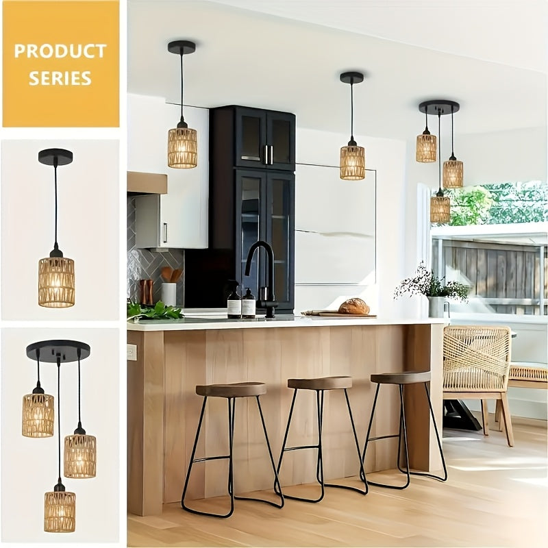 1 lámpara colgante de estilo bohemio - Sombrilla de mimbre tejido a mano, lámpara colgante ajustable de estilo granjero con enchufe E27, ideal para decoración de islas de cocina, comedor, sala de estar, bar y dormitorio, acabado metálico moderno, no incl