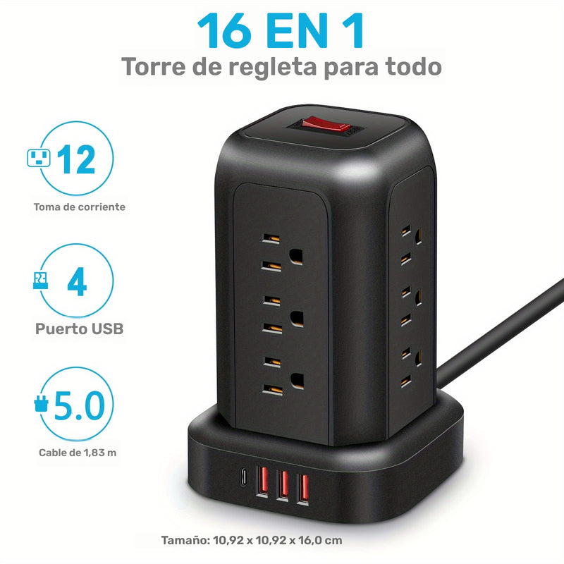 Una regleta de alimentación negra con protección contra sobretensiones, que incluye 12 tomas de CA, 3 puertos USB y 1 puerto tipo C, junto con un cable de extensión de 5 pies, adecuado para el hogar, la oficina, la cocina, el garaje y el dormitorio, maxi